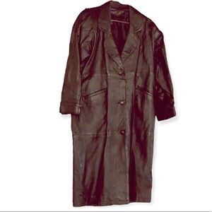 Vintage 70’s 80’s Missy Black 100% Leather Button Full Length Trechcoat Sz M